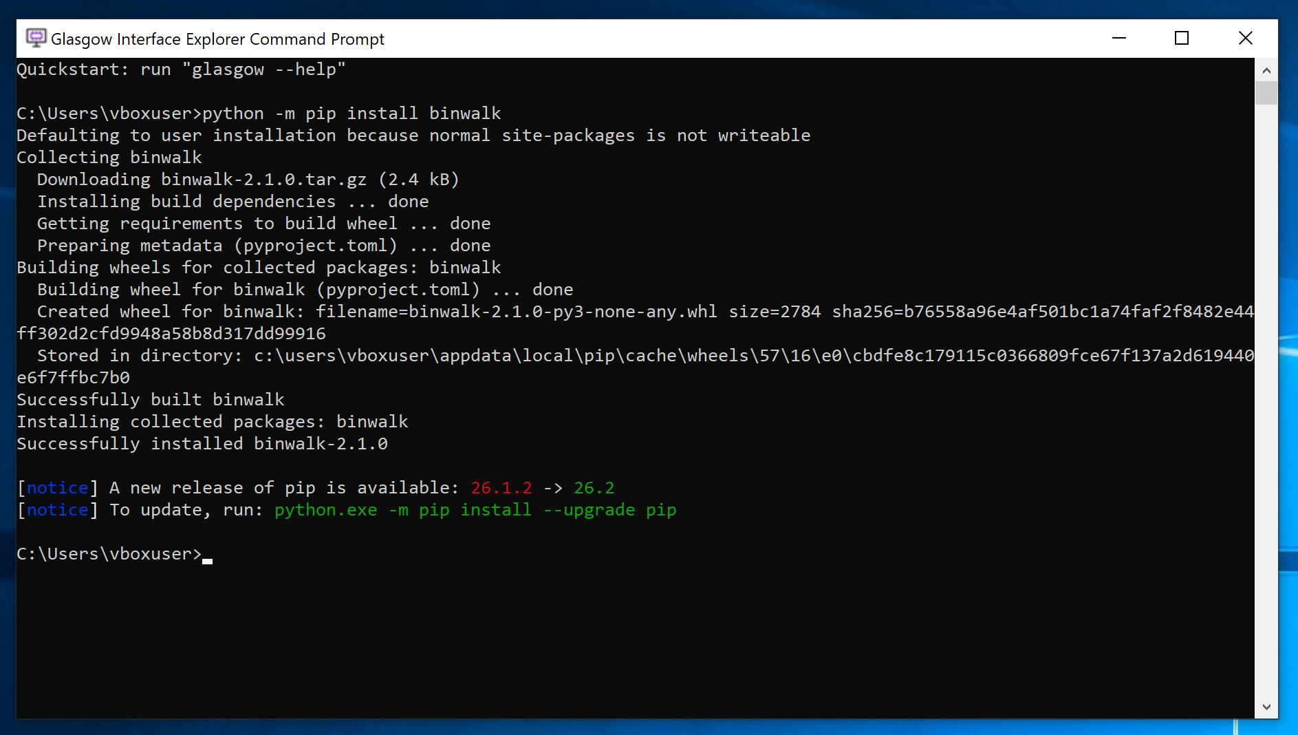 Output of a successful execution of the `python -m pip install binwalk` command